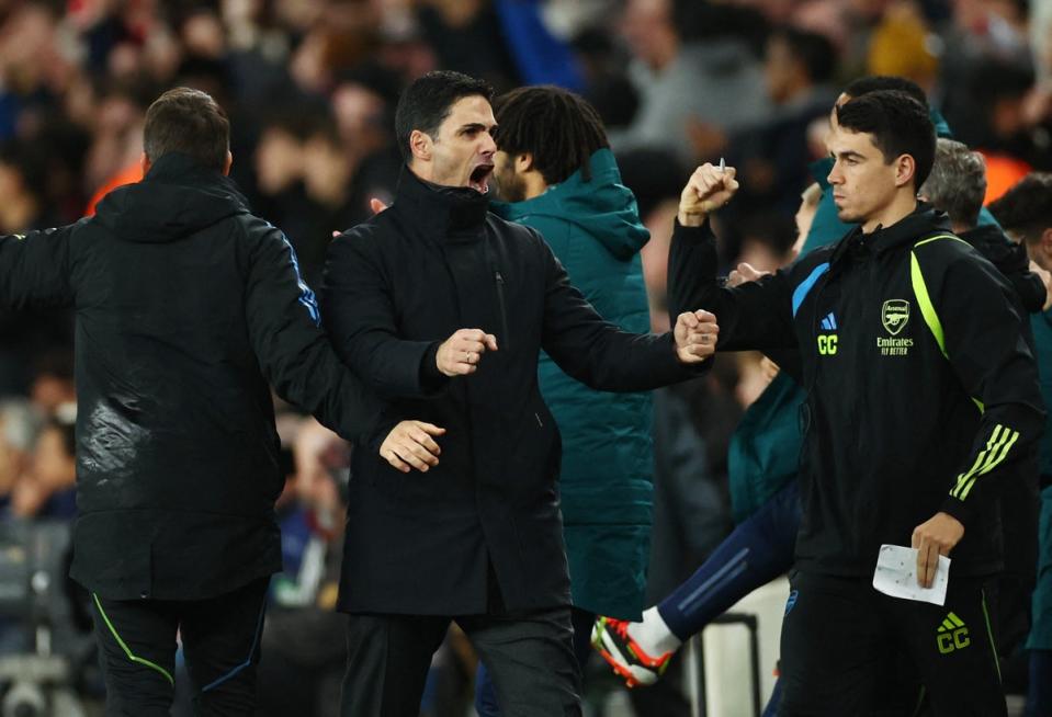 Mikel Arteta celebrates Arsenal’s first-half goal (Action Images via Reuters)