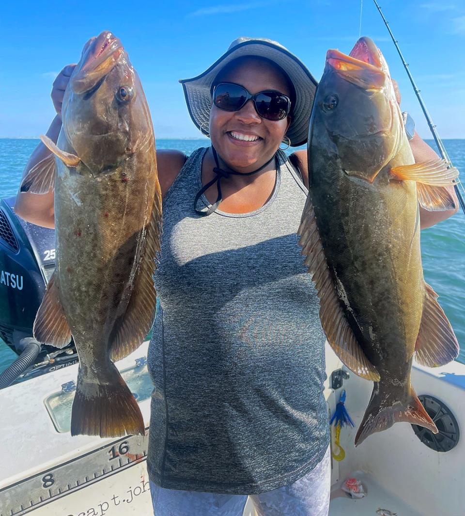 Shari Barrington of Orlando caught these keeper size 25-inch gag grouper while fishing in lower Tampa Bay with Capt. John Gunter recently. 