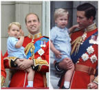 <p>Estas dos fotografías pertenecen al desfile Trooping of the Color, una de 1984 y otra de 2015. El que tanto el George como Guillermo aparezcan en brazos de sus padres no es la única similitud, ya que sus vestidos también son prácticamente idénticos. (Foto: Gtres). </p>