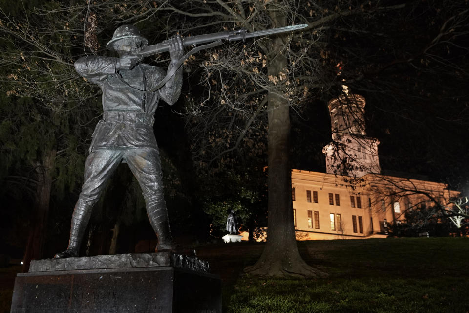 FILE - In this March 16, 2021, photo, the statue of World War I hero Sgt. Alvin C. York stands on the grounds of the Tennessee State Capitol in Nashville, Tenn. University Press of Kentucky director Ashley Runyon outlined plans for the potential corrections and revisions to Sen. Doug Mastriano's book in emails Tuesday, Sept. 6, 2022, to The Associated Press and to another researcher looking into York's 1918 acts of heroism while fighting in France. A Canadian university is making public Pennsylvania governor candidate Mastriano's 2013 doctoral thesis about World War I hero Sgt. York. Rival researchers have long criticized Mastriano's investigation into York as plagued by factual errors, amateurish archaeology and sloppy writing. (AP Photo/Mark Humphrey, File)