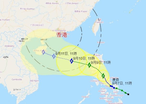 強烈熱帶風暴康森日漸逼近本港。(天文台)