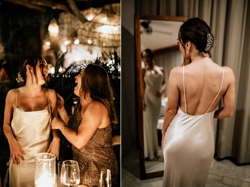 A front and back view of Thaina's reception dress