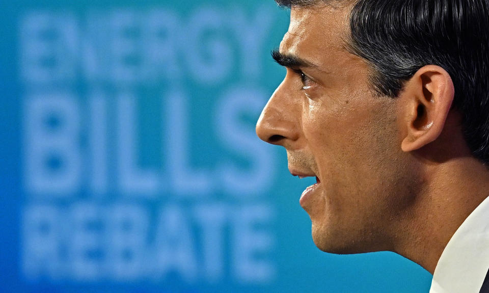 FILE - Britain's Chancellor of the Exchequer Rishi Sunak holds a press conference in the Downing Street briefing room, London, Thursday Feb. 3, 2022. (Justin Tallis/Pool via AP, File)