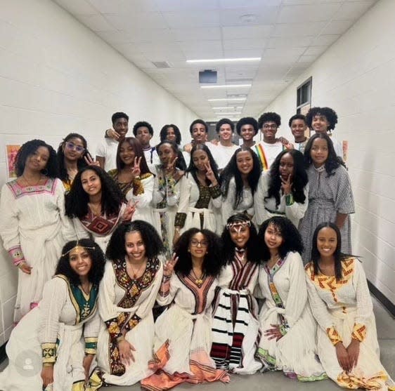 Natnaiel Ayele, in the third row and fourth from the right, with other Licking Heights Ethiopian students who all participated in the school's annual Diaspora program, where students showcase their native cultures through dances, songs, poetry readings and fashion shows.