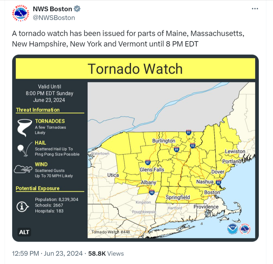 The National Weather Service this afternoon has issued a tornado watch for Worcester County and multiple other counties in the region until 8 p.m. this evening.