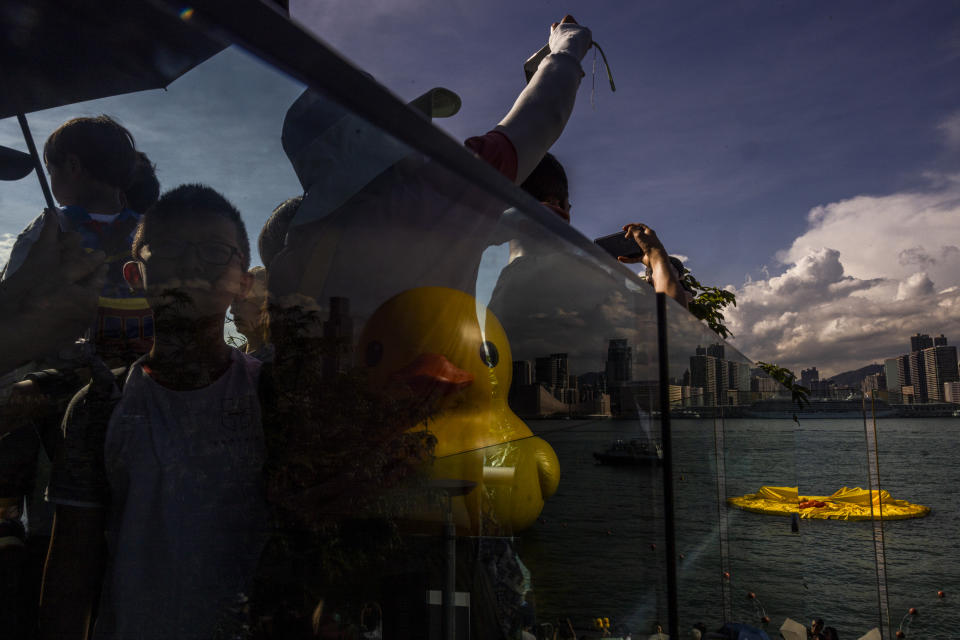 An art installation called "Double Ducks" by Dutch artist Florentijn Hofman as one of the duck is deflated at Victoria Harbour in Hong Kong, Saturday, June 10, 2023. (AP Photo/Louise Delmotte)