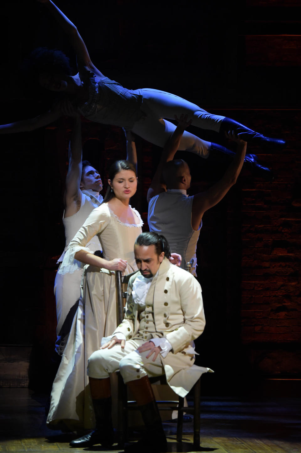 NEW YORK, NY - FEBRUARY 15:  Actor, composer Lin-Manuel Miranda and actress Phillipa Soo perform on stage during 'Hamilton' GRAMMY performance for The 58th GRAMMY Awards at Richard Rodgers Theater on February 15, 2016 in New York City.  (Photo by Theo Wargo/WireImage)