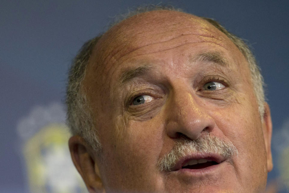 Brazil's soccer coach Luiz Felipe Scolari gives a press conference to announce his list of players for an upcoming friendly match with South Africa in Rio de Janeiro, Brazil, Tuesday, Feb. 11, 2014. Brazil will face South Africa on March 5. (AP Photo/Silvia Izquierdo)