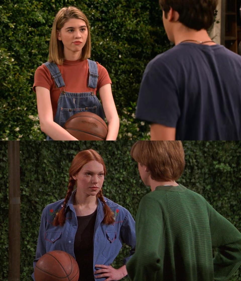 In the top photo: Callie Haverda as Leia Forman on season one, episode four of "That '90s Show." In the bottom photo: Laura Prepon as Donna Pinciotti on season one, episode four of "That '70s Show."