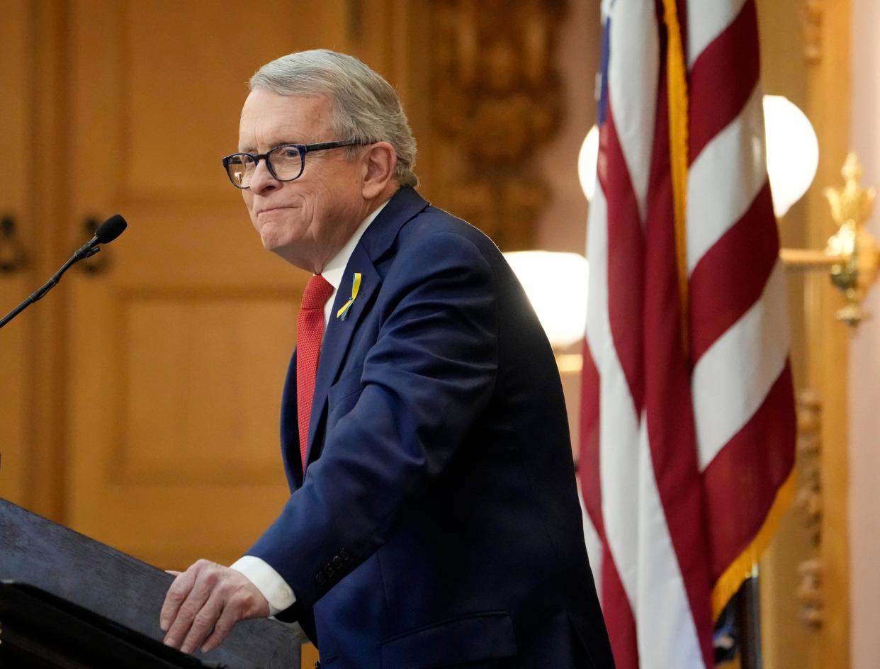 Ohio Governor Mike DeWine delivers his State of the State address at the Ohio Statehouse in Columbus on March 2, 2022.