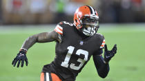 FILE - Cleveland Browns wide receiver Odell Beckham Jr. runs a route during the first half of an NFL football game against the Denver Broncos, Thursday, Oct. 21, 2021, in Cleveland. Odell Beckham Jr. is being released by the Cleveland Browns, who are cutting ties with the polarizing star wide receiver and have officially ended his drama-filled stay with the team. Beckham's unceremonious exit — not completely official — came on Friday, Nov. 5, 2021, his 29th birthday. (AP Photo/David Richard, File)