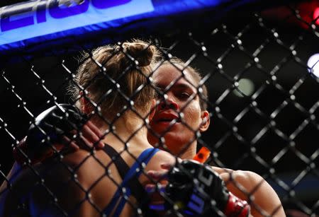 December 30, 2016; Las Vegas, NV, USA; Amanda Nunes following her victory meets with against Ronda Rousey during UFC 207 at T-Mobile Arena. Mark J. Rebilas-USA TODAY Sports