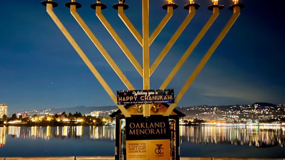 The Lake Merritt menorah is seen lit on the fourth night of Hanukkah. - JCRC Bay Area