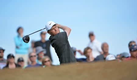 Jan 20, 2019; La Quinta, CA, USA; Adam Long plays his shot from the 16th tee during the final round of the Desert Classic golf tournament at PGA West - Stadium Course. Mandatory Credit: Orlando Ramirez-USA TODAY Sports