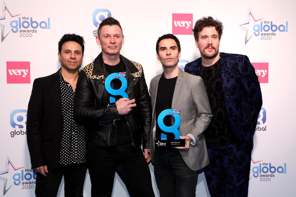Adam Zindani, Richard Jones, Kelly Jones and Jamie Morrison of the Stereophonics winners of the Best Indie Act and Global Special Award at The Global Awards 2020 with Very.co.uk at London's Eventim Apollo Hammersmith. (Photo by Lia Toby/PA Images via Getty Images)