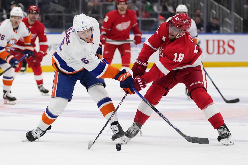 New York Islanders' Ryan Pulock (6) fights for control of the puck with Detroit Red Wings' Andrew Copp (18) during the first period of an NHL hockey game, Monday, Oct. 30, 2023, in Elmont, N.Y. (AP Photo/Frank Franklin II)