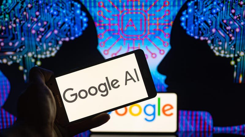 Google AI displayed on mobile and AI brain on screen are seen in this photo illustration in front of two computerized brains.