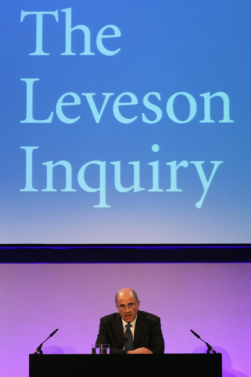 Britain's Lord Justice Brian Leveson delivers a statement following the release of the Leveson Inquiry report at the Queen Elizabeth II Centre, London, Thursday, Nov. 29, 2012. After a yearlong inquiry full of sensational testimony, Lord Justice Leveson released his report Thursday into the culture and practices of the British press and his recommendations for future regulation to prevent phone hacking, data theft, bribery and other abuses. (AP Photo/Dan Kitwood, Pool)