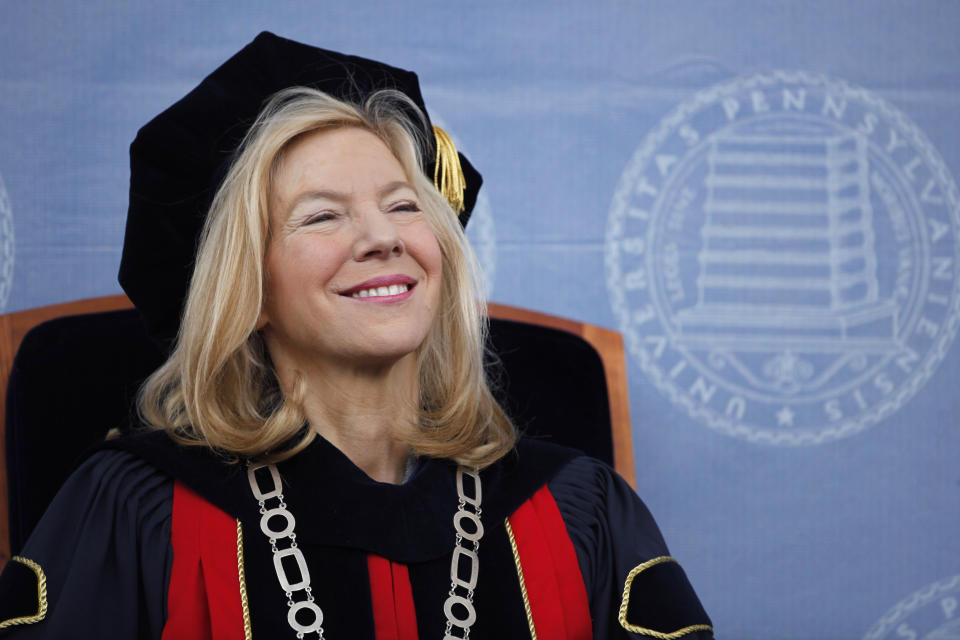 FILE - In this May 18, 2009, file photo,, University of Pennsylvania President Amy Gutmann smiles during commencement in Philadelphia. President Joe Biden on Friday, July 2, 2021, announced he's nominating Gutmann to serve as U.S. ambassador to Germany. (AP Photo/Matt Rourke, File)