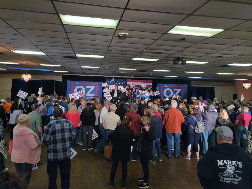 Pennsylvania Republicans gather at a Bensalem fire station to hear from GOP Senate hopeful Dr. Mehmet Oz on November 1, 2022.