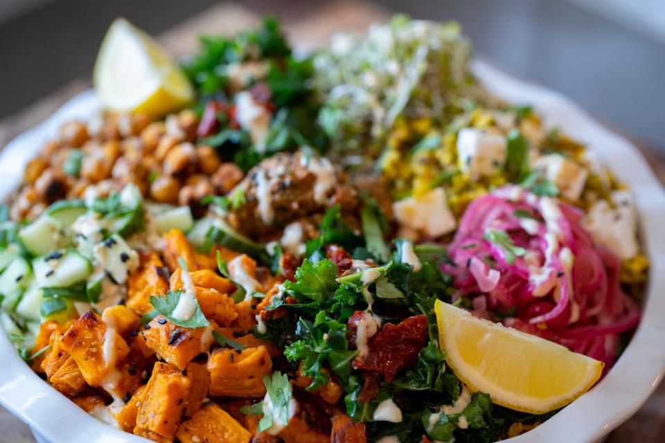 Chef Lisa Brown created this salad featuring farro, massaged kale, pickled onions, crushed pistachios and homegrown Brussels sprouts.