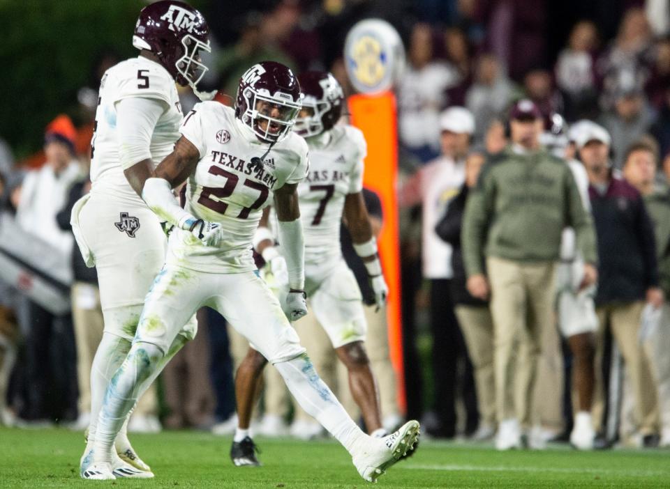 Texas A&M Aggies defensive back Antonio Johnson (27) celebrates a stop as Auburn Tigers take on Texas A&M Aggies at Jordan-Hare Stadium in Auburn, Ala., on Saturday, Nov. 12, 2022. Auburn Tigers lead Texas A&M 7-0 at halftime.