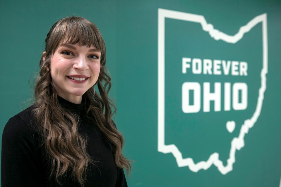 Sarah Leatherwood, success advisor at Ohio University Chillicothe, stands in the hallway in Bennett Hall at Ohio University Chillicothe on December 14, 2023 in Chillicothe, Ohio.