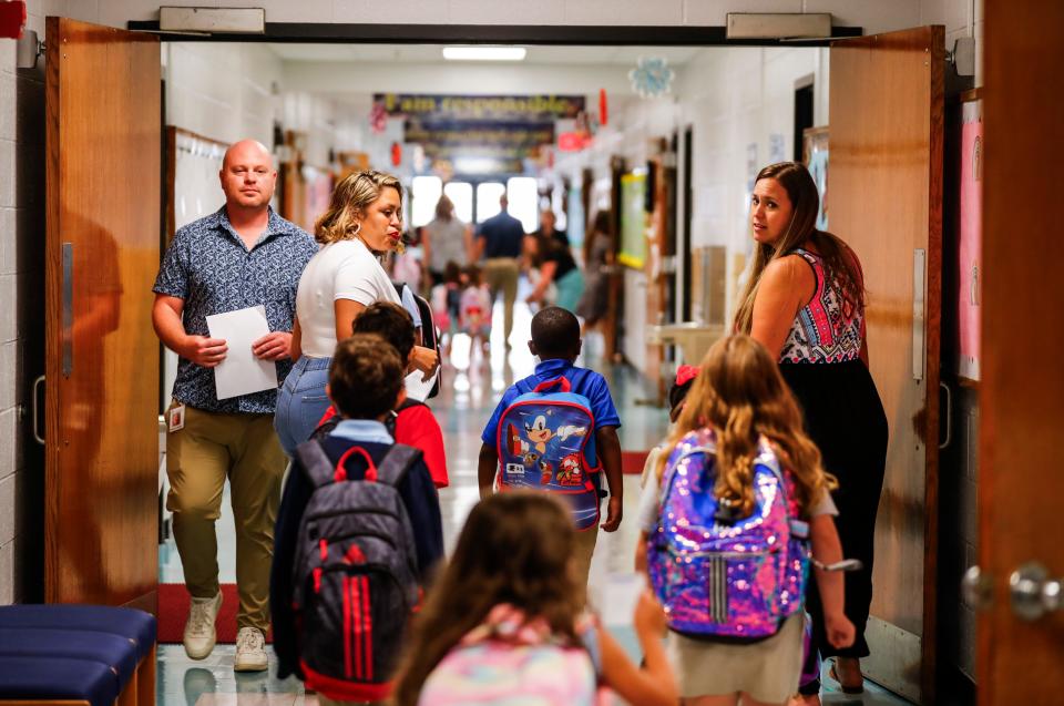 The hallways of Shaffner Elementary in Shively were busy with incoming students on the first day of school Wednesday morning. Aug. 9, 2023. 