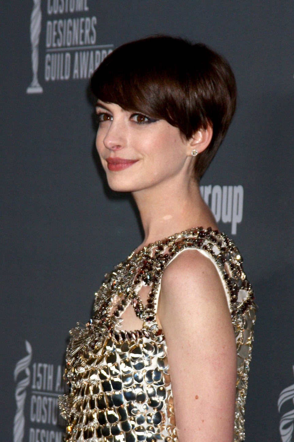 Anne Hathaway bellissima ai Costume Designer Guild Award