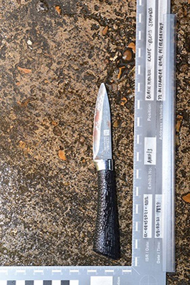 The knife used by Faisal Khan, who has been sentenced at Cambridge Crown Court to an indefinite hospital order after he stabbed a nine-year-old boy in the face, head and hands in a random attack in the street (