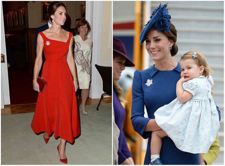 Kate rocked a Maple Leaf brooch while visiting Canada on the royal tour in 2016. <em>(Photo: Sam Hussein/WireImage)</em>