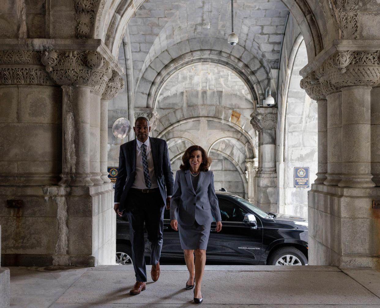 New York Governor Kathy Hochul (right) announces her appointment of Congressman Antonio Delgado (D-N.Y.) as Lieutenant Governor during a news conference at the State Capitol in Albany on May 3, 2022.