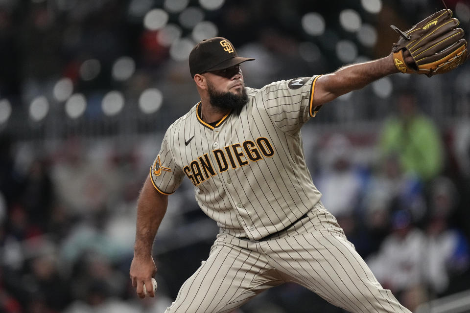 San Diego Padres relief pitcher Luis Garcia (66) works in the eighth inning of a baseball game against the Atlanta Braves, Saturday, April 8, 2023, in Atlanta. (AP Photo/John Bazemore)