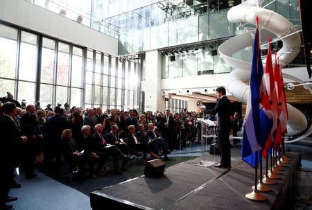 Canada's Prime Minister Justin Trudeau speaks during a press conference where Alphabet Inc, the owner of Google, announced the project "Sidewalk Toronto", that will develop an area of Toronto's waterfront using new technologies to develop high-tech urban areas in Toronto, Ontario, Canada October 17, 2017. REUTERS/Mark Blinch