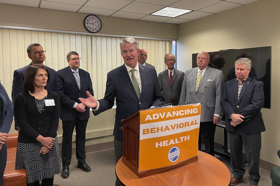 Idaho Gov. Brad Little at a podium that reads: Advancing Behavioral Health.