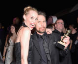 <p>Sam Rockwell, winner of Best Performance by an Actor in a Supporting Role — Motion Picture for <em>Three Billboards Outside Ebbing, Missouri</em>, and actor Leslie Bibb attend Hulu’s Golden Globes after-party. (Photo: Presley Ann/Getty Images) </p>