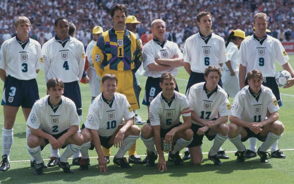 Alan Shearer, back row far right, standing next to Gareth Southgate before the Euro 96 match with Scotland