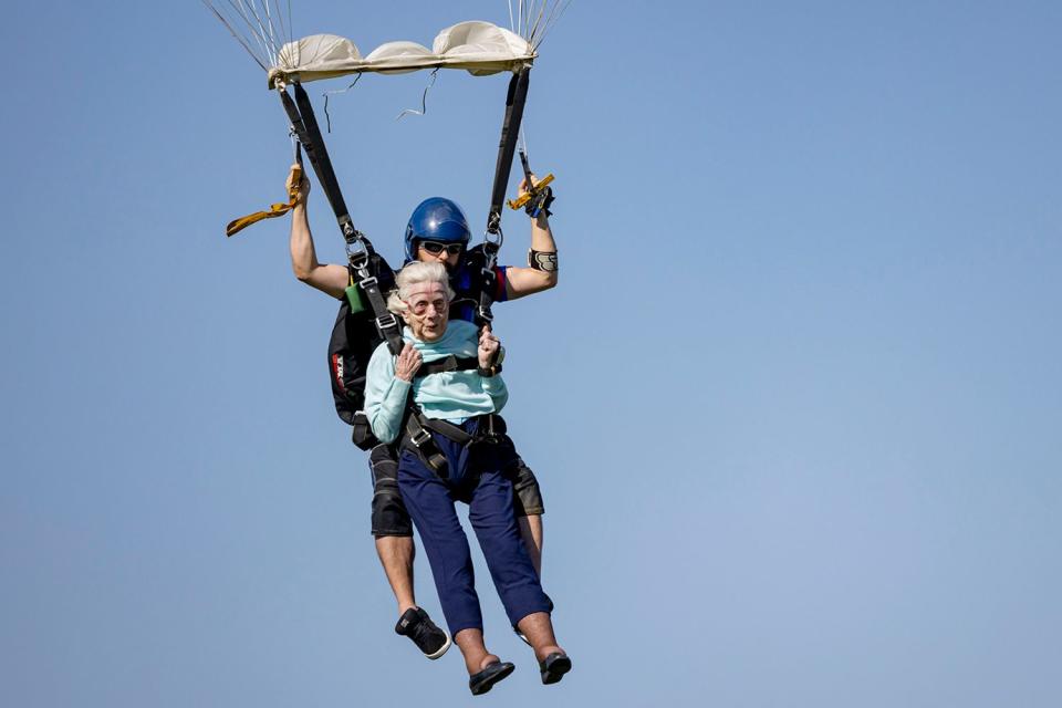 <p>Brian Cassella/Chicago Tribune/Tribune News Service via Getty</p> Dorothy Hoffner, 104, became the oldest person in the world to sky-dive on Oct. 1, 2023, at Skydive Chicago in Ottawa, Illinois. She died a week later on Oct. 9.