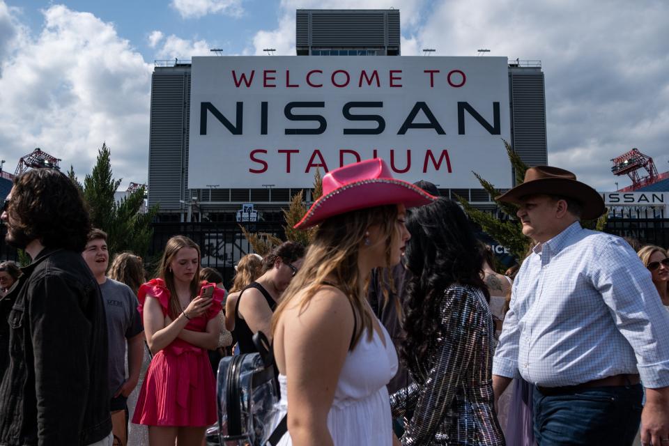 1252814079.jpg NASHVILLE, TN - MAY 06: Fans wait in line outside of Nissan Stadium ahead of artist Taylor Swift's second night of performance on May 6, 2023 in Nashville, Tennessee. Thousands of fans traveled from across the country for Swift's three night stop in Nashville as her Eras Tour continues. Fans attending the concert dressed according to their favorite Taylor Swift eras before the three hour show, featuring 44 of Swift's songs from her last 10 albums. (Photo by Seth Herald/Getty Images)