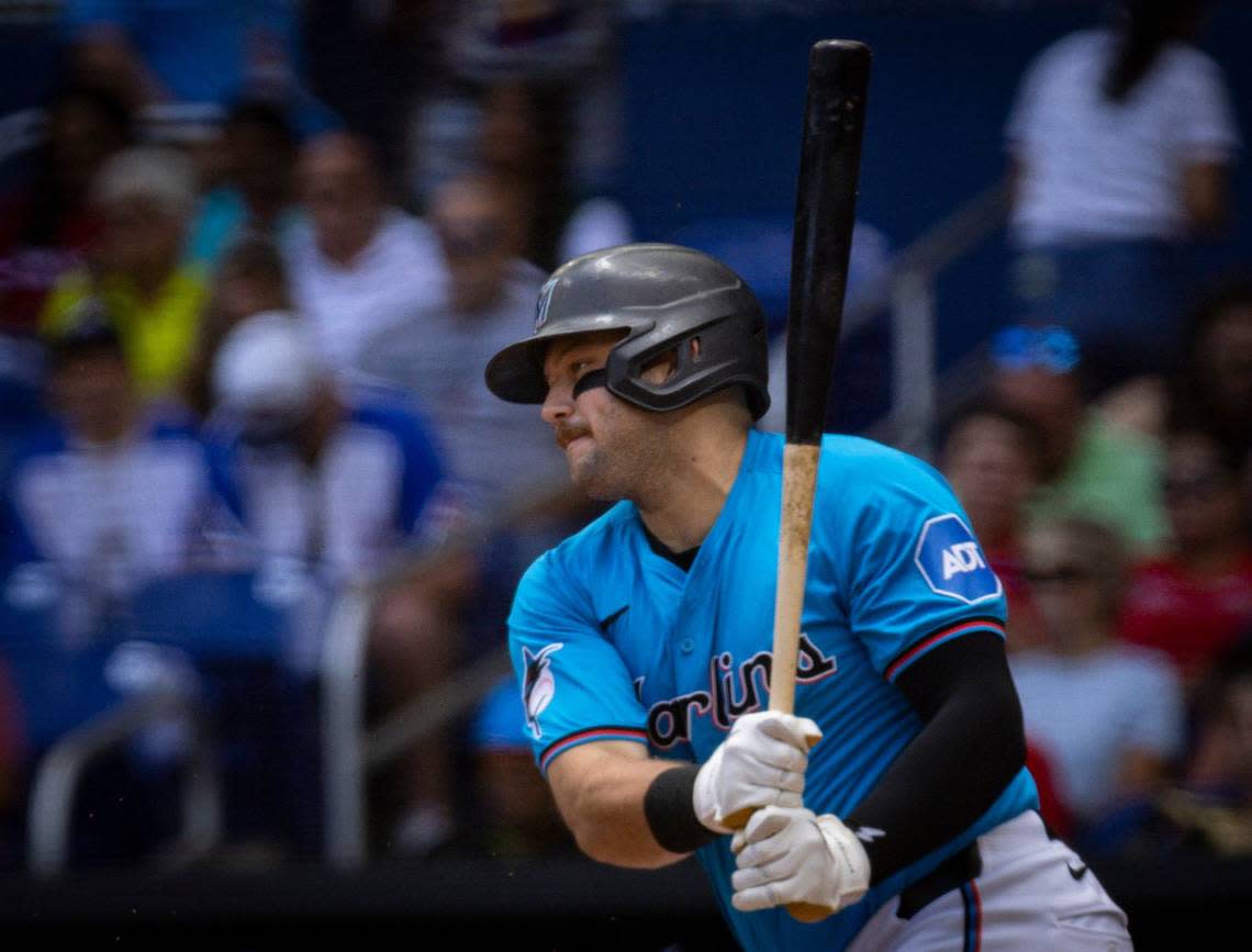 Miami Marlins third base Jake Burger (36) singles out during the first inning of a baseball game on Sunday, April 14, 2024, at loanDepot Park in Miami.