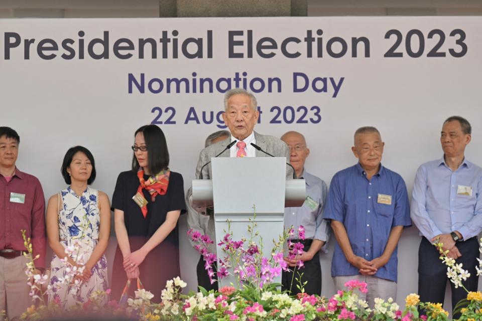 新加坡總統候選人黃國松8月22日發表演說。路透社