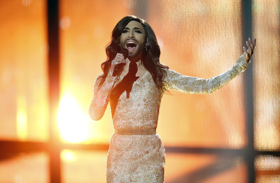 FILE - Conchita Wurst representing Austria performs the song ' Rise Like a Phoenix' during a rehearsal for the second semifinal of the Eurovision Song Contest in the B&W Halls in Copenhagen, Denmark, May 7, 2014. The 68th Eurovision Song Contest is taking place in May in Malmö, Sweden. It will see acts from 37 countries vie for the continent’s pop crown. Founded in 1956, Eurovision is a feelgood extravaganza that strives to banish international strife and division. It’s known for songs that range from anthemic to extremely silly, often with elaborate costumes and spectacular staging. (AP Photo/Frank Augstein, file)