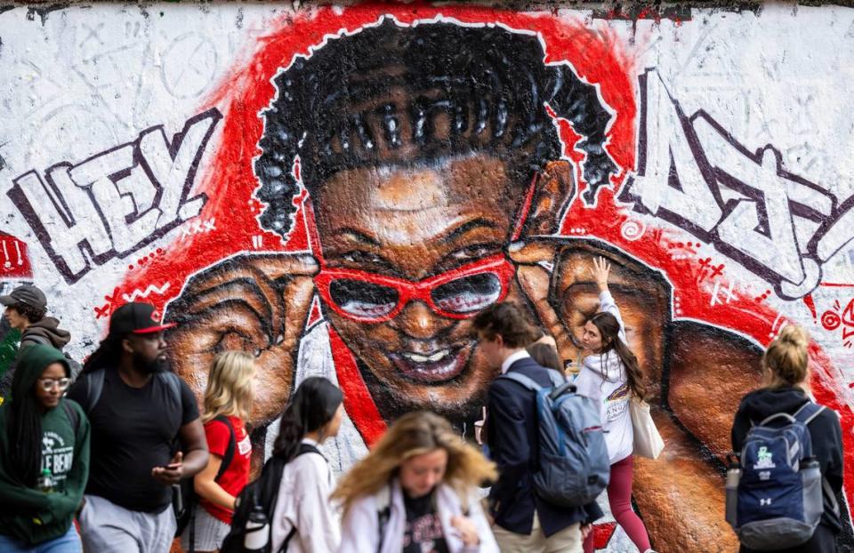 A mural of NC State’s DJ Burns Jr. spans a section of wall at an entrance to the Free Expression Tunnel on the university’s main campus on Thursday, April 4, 2024 as the men’s basketball team readies for the Final Four game on Saturday.