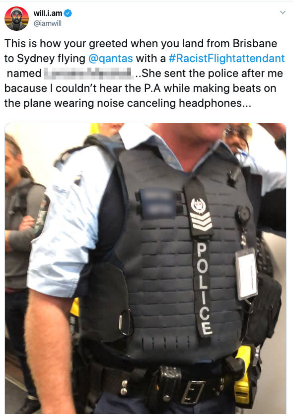 After arriving in Sydney, will.i.am tweeted this photo of a NSW police officer who he said the flight attendant 'sent after me'. Source: iamwill