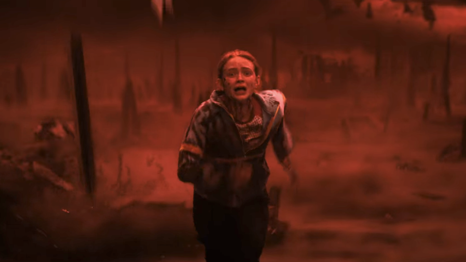 Sadie Sink as Max running from vecna in the upside down on stranger things season 4