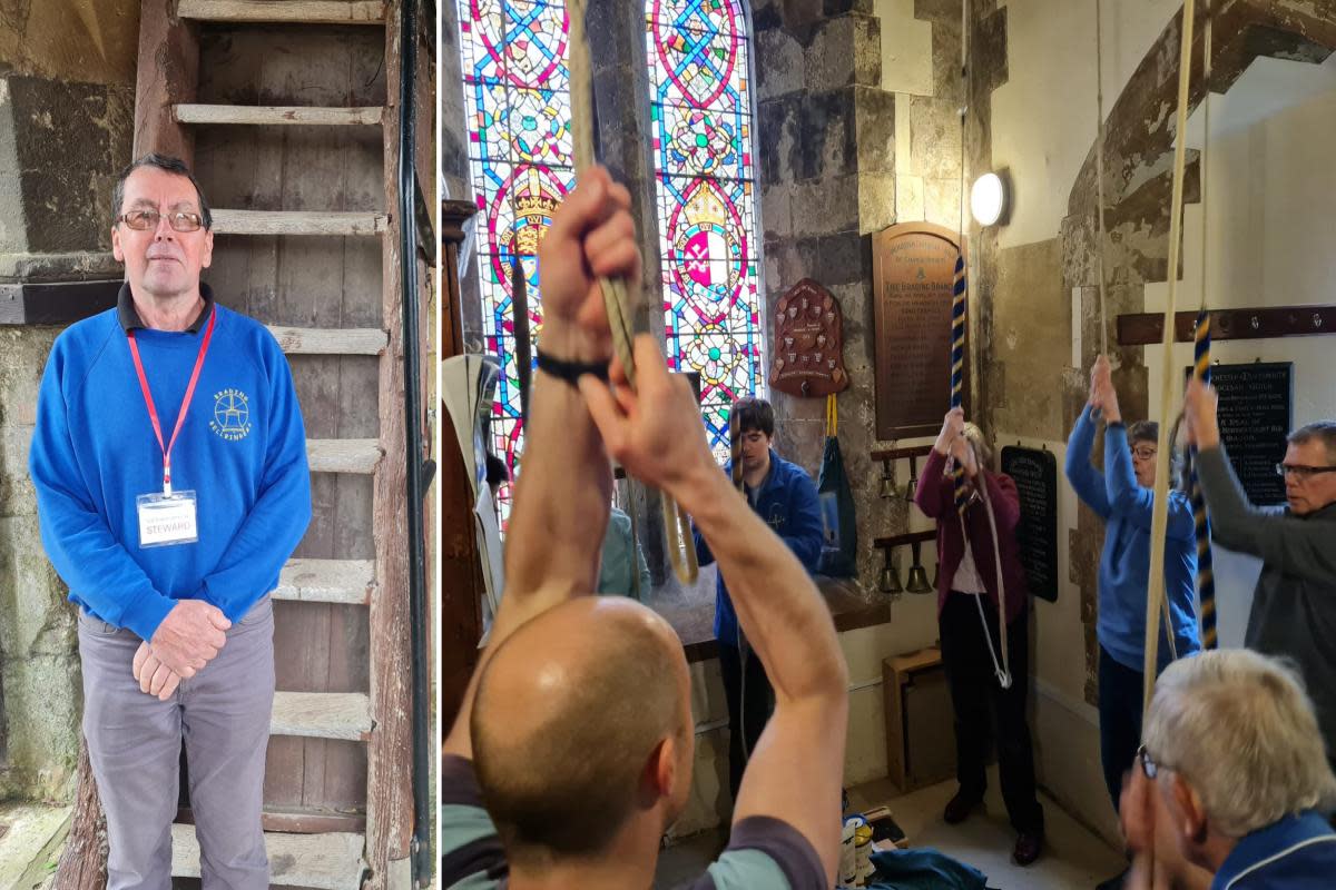 Revd Barry Downer at the foot of the stairs leading to St Mary's Church's tower and bellringing in action <i>(Image: IWCP)</i>