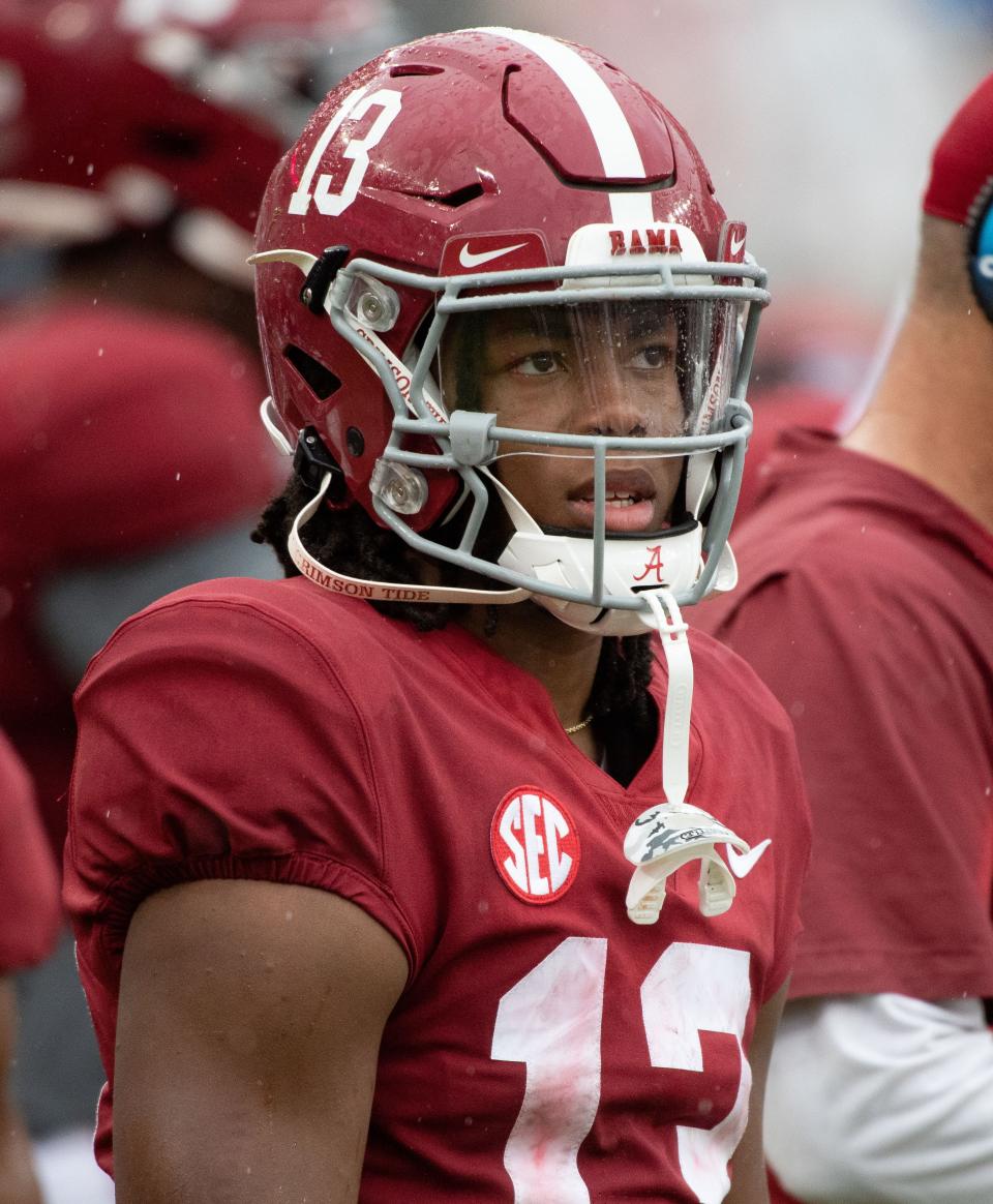 Apr 16, 2022; Tuscaloosa, Alabama, USA;  Crimson running back Jahmyr Gibbs (13) gets ready to take the field during the A-Day game at Bryant-Denny Stadium. Mandatory Credit: Gary Cosby Jr.-USA TODAY Sports