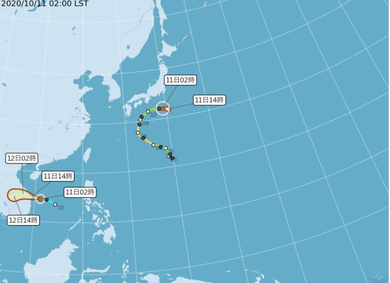 ▲中央氣象局表示，原位於南沙島海面的熱帶性低氣壓已於10月11日凌晨２時發展為輕度颱風蓮花，預計朝中南半島前進，對台灣沒有直接影響。（圖／中央氣象局提供）