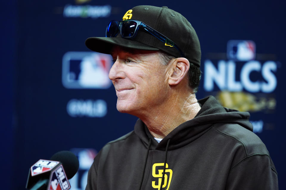 San Diego Padres manager Bob Melvin speaks during a news conference ahead of Game 3 of the baseball National League Championship Series against the Philadelphia Phillies, Thursday, Oct. 20, 2022, in Philadelphia. (AP Photo/Matt Rourke)