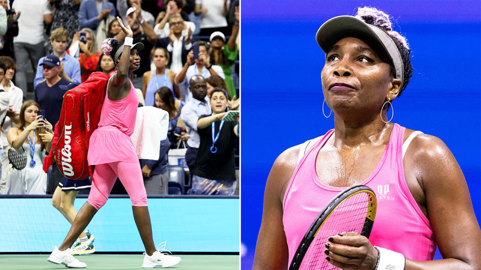 Venus Williams walks off the court and Williams reacts during the match.